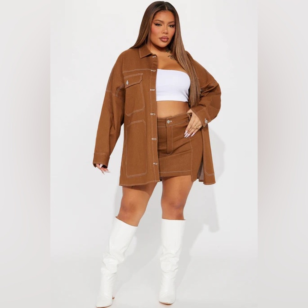 Cognac two piece denim skirt set